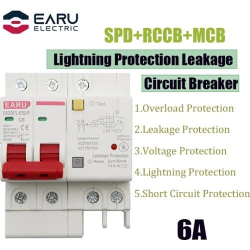 6A 2P SPD Residual Current Circuit Breaker With Overload Overvoltage RCBO RCCB With Lightning Protection MCB Leakage Protector