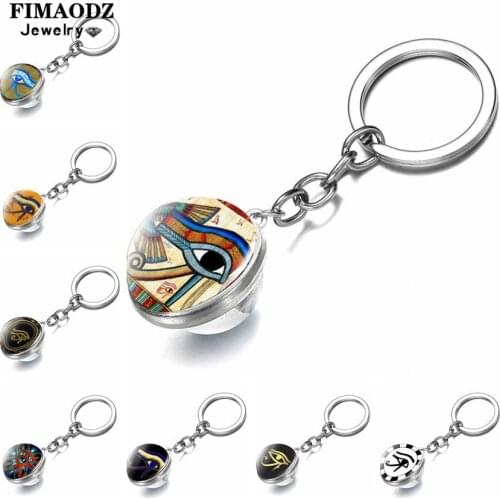 FIMAODZ Eye Of Horus Keychain Vintage Egyptian Gods Power Eyes Glass Dome Double Sided Ball Pendant Alloy Key Chain Accessories