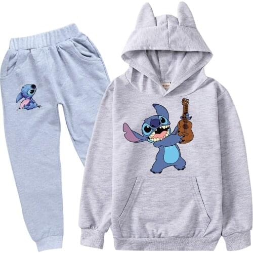 Stitch Baby Middle School Childrens Clothing Cotton Two Piece Sets for Kids Girl Halloween Outfit Child Hooded Shirt Pants Suit