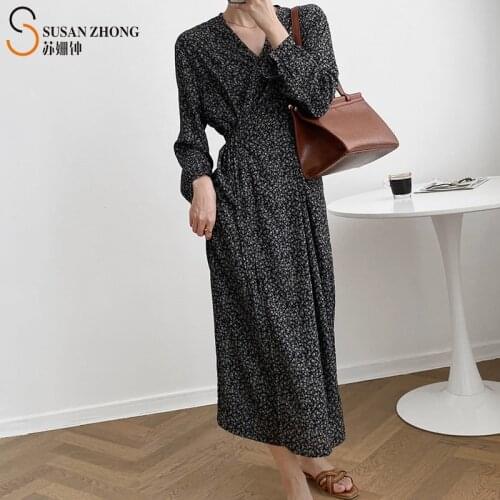 Women Female Dress One-Piece Feminine X-Line Wrap Flower Print Deep V-Neck Cuff Gathering Back Lace-Up Waist Drop Shoulder