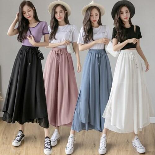 Summer High Waist Chiffon Wide Leg Pants Skirt With Loose Drape Elegant Pleated Women Trousers White Black Streetwear Split