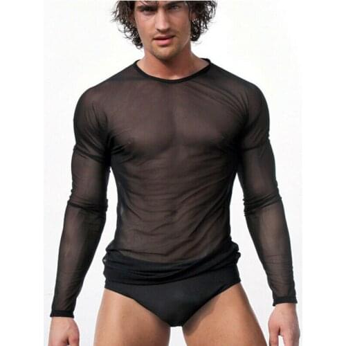 Mens Undershirt Gay clothing Nylon Mesh Shirt See Through Sheer Long Sleeves T Shirts Sexy transparent shirt Underwear