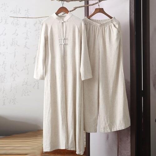 2021 New Women Chinese Traditional Tang Suit Cotton Linen Robe Pants 2pcs Set Wide Leg Trouser Long Kung Fu Tai Chi Uniform Set