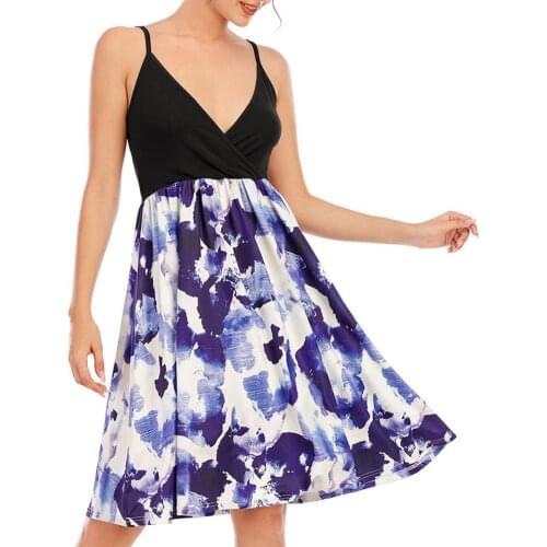 Summer Dress Women Dresses V-Neck Dress Fashion Sling Dress Women Floral Spaghetti Strap Dress Low Neck Patchwork Sling Dress