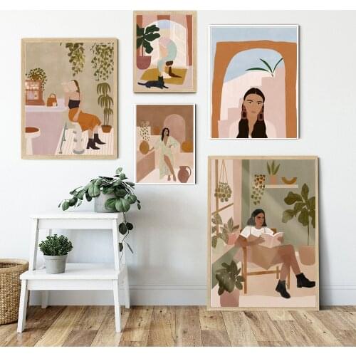 Fashion Girl Plant Cat leaves Vintage Wall Art Canvas Painting Nordic Posters And Prints Wall Pictures For Living Room Art Decor