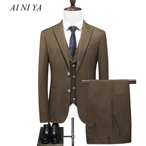 Three-piece Male Formal Business Stripe Suit for Mens Fashion Boutique Plaid Wedding Dress Suit ( Jacket + Vest + Pants )