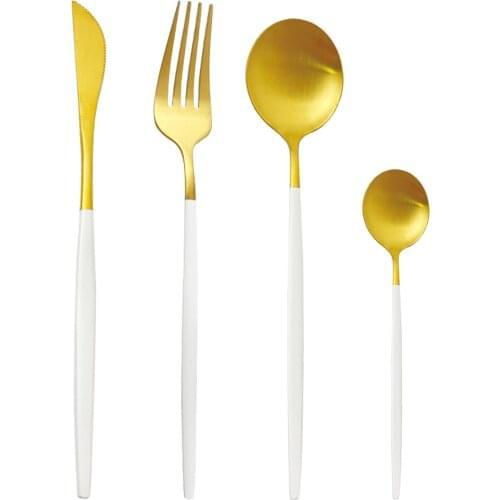 24Pcs Matte White Gold Dinnerware Set 304 Stainless Steel Knife Fork Spoon Silverware Cutlery Set Kitchen Flatware Tableware Set