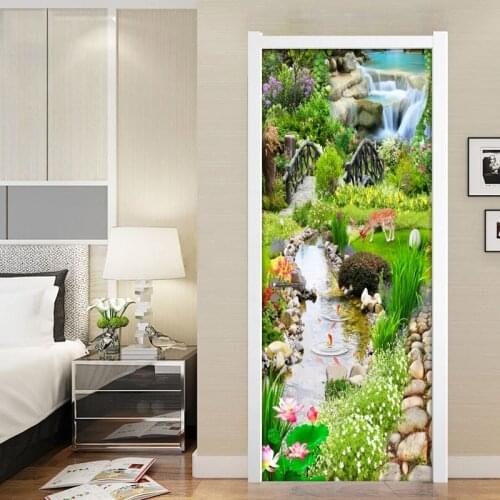 3D Door Sticker Park Mural Wooden Bridge Waterfall Stream Photo Wallpaper Wall Stickers PVC Self Adhesive Living Room Bedroom