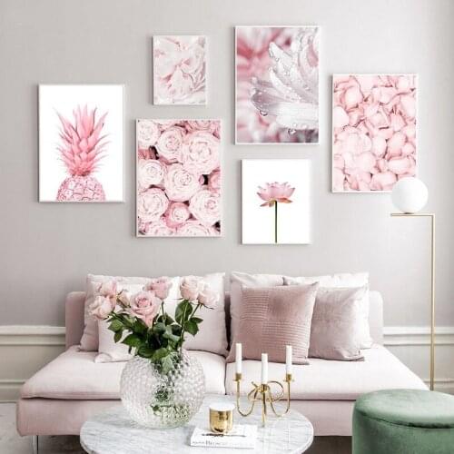 Pink Rose Flower Pineapple Lotus Plant Nordic Art Print Poster Modern Canvas Painting Wall Pictures For Living Room Home Decor
