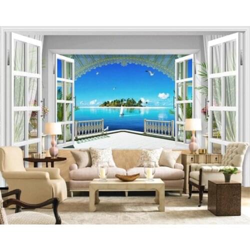 Custom Mural Wallpaper 3D Stereo Window Seagull Island Seaside Landscape Photo Wall Murals Living Room TV Sofa Backdrop Wall 3 D