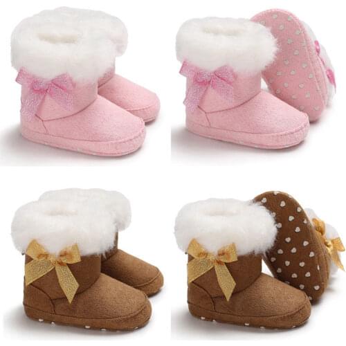 2018 Newly Winter Toddler Baby Girl Boy Warm Boots Booties Snow Slippers Solid Fur Slip-On Bow Flat With Heel Cotton Shoes 0-18M