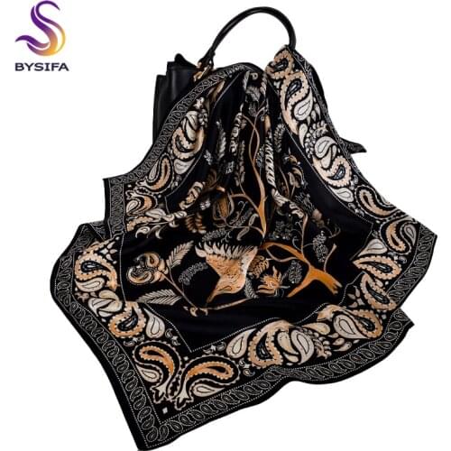 BYSIFA|Black Gold Ladies Pure Silk Scarf Cape 2021 Spring New Brand Neck Scarves Headscarves 70*70cm100% Silk Women Square Scarf