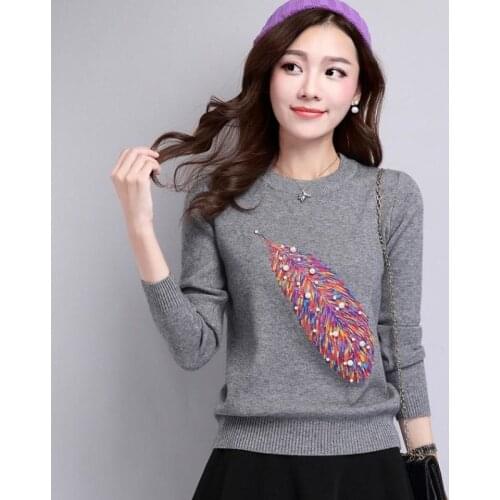 Korean Fashion Feather Embroidery Beading Autumn Winter Pullovers Sweater Women Jumper 2021 Knitted Tops Female Sueters De Mujer