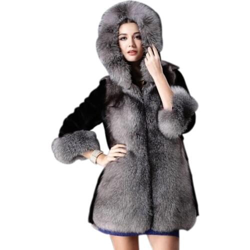Savabein 2019 High Quality Hooded Faux Fur Coat Three Quarter Sleeve Furry Thick Warm Fake Fur Jacket Women Winter Streetwear
