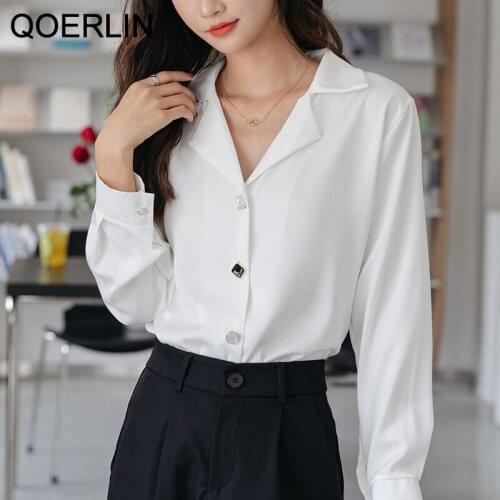 QOERLIN Stylish OL White Blouse Women Spring Autumn Professional Shirt Ladies Long Sleeve Notched Chiffon Top Blouse Plus Size