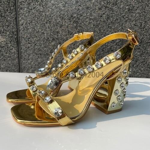 Women Shoes High Heel Bling Crystal Ladies Sandals Chunky Heel Females Summer Footwear Gold Silver Zapatos Mujer