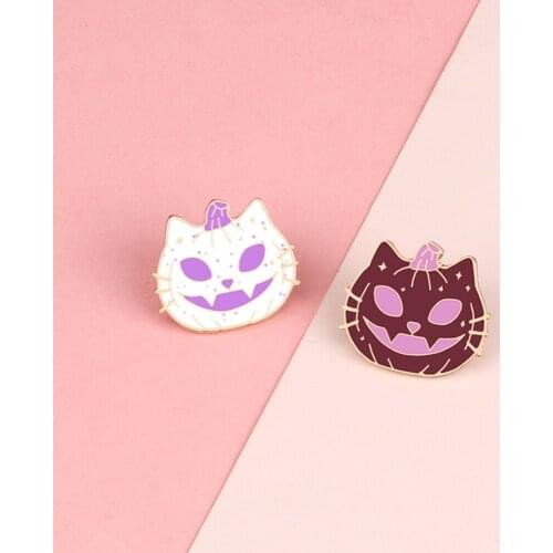 Funny Pumpkin Cat Alloy Purple White Brooches Halloween Cartoon Enamel Pin Badges Backpack Gift For Friend Kid Wholesale Jewelry