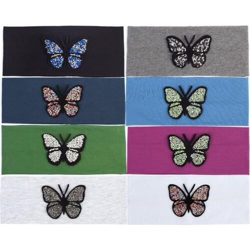 Womens Headbands Fashion Butterfly Rhinestone Headband For Girls Cute Bug Hair Band Plain Cotton Flat Stretch Turban DQ525C