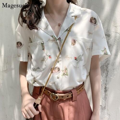 Women 2021 Short Seeve Button Chiffon Shirt Tops Angel Print V-Neck Vintage White Blouse Female Sweet Casual Lady Blouses 13490