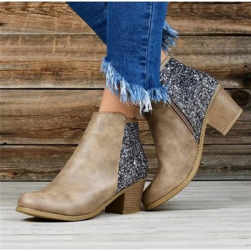 2020 Woman Ankle Boots Ponited Toe Shoes Autumn Winter Patchwork Sequined Booties Square Heel Shoes For Woman Zapatos De Mujer