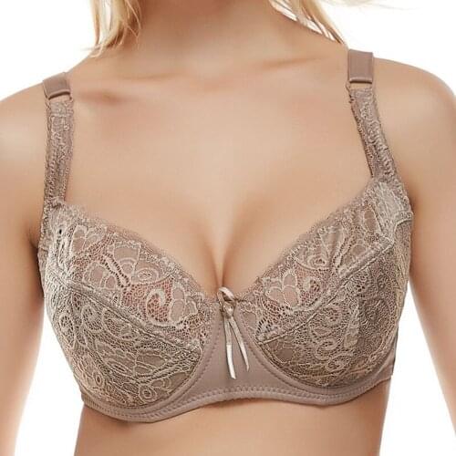 Apricot Large Size Bras Ladies Adjustable Lace Big Breast Underwear Thin Padded Sexy Bra Women C D DD DDD E F Cup