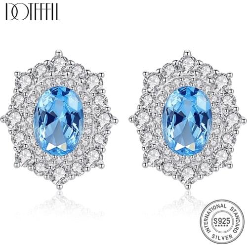 DOTEFFIL Blue Topaz Stud Earrings for Women Anniversary Fine Jewelry Solid 925 Sterling Silver Pendientes Gemstone Bijoux SE0348