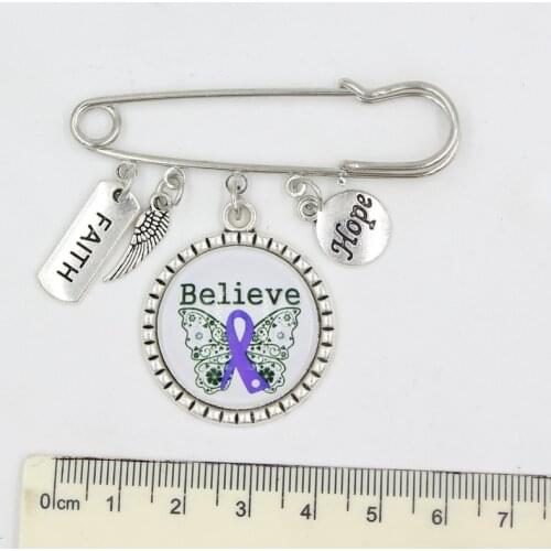 10PCS Wholesale Hope Believe Faith Cancer Brooch Pin Purple Ribbon Awareness Pin Brooch Safety Pins for Women Men Jewelry