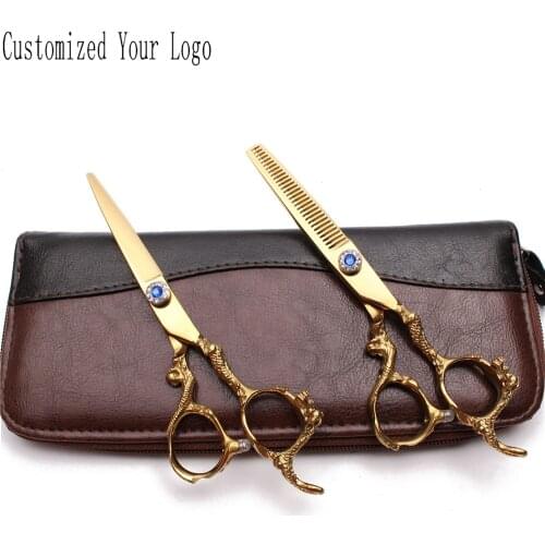 2Pcs 6.0" 440C Customize Logo Hairdressing Scissors Straight Shears Thinning Shears Professional Hair Scissors Add Bag DIY C9003