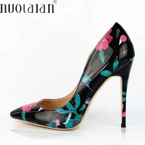 2019 NEW Fashion Women Shoes Floral Print Patent Leather Sexy Stilettos High Heels 12cm/10cm/8cm Pointed Toe Women Pumps
