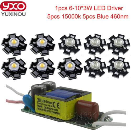 5pcs 3w Cold White led 10000K-20000K 5pcs 3w royal blue 460nm+1pcs 6-10x3w 600mA led driver diy 30w led aquarium light for fish