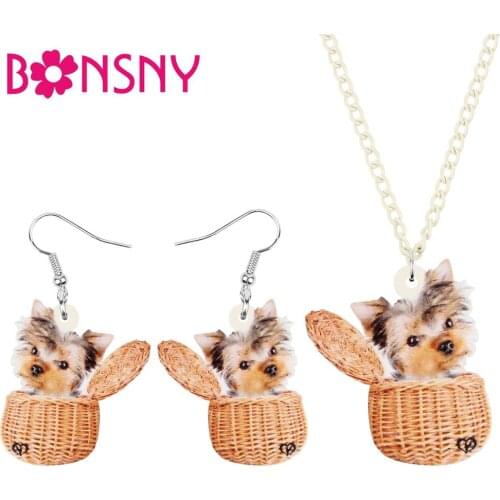 Bonsny Acrylic Sweet Yorkshire Dog Jewelry Sets Long Cute Animal Pets Earrings Necklace For Women Girls Teens Charms Accessory