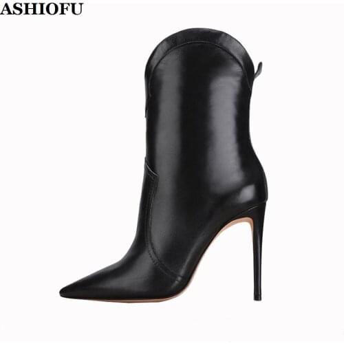 ASHIOFU New Arrival Handmade Ladies High Heel Boots Classic Black Faux-leather Party Ankle Boots Evening Female Fashion Boots