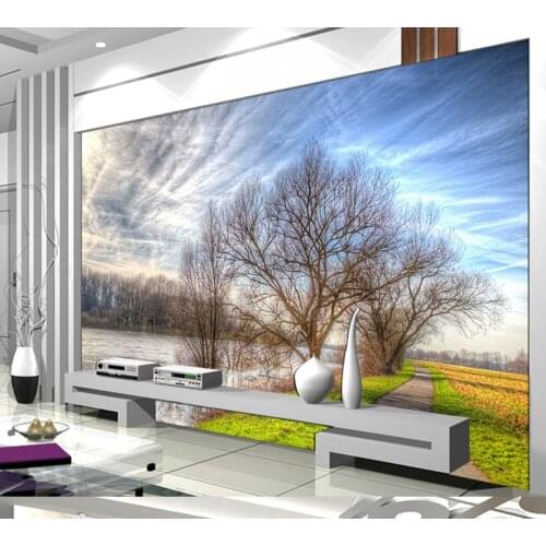 Free Shipping Custom 3d Country Riverside Beautiful Natural Landscape Background Wall Vast Sky Living Room Hotel Room Wallpaper
