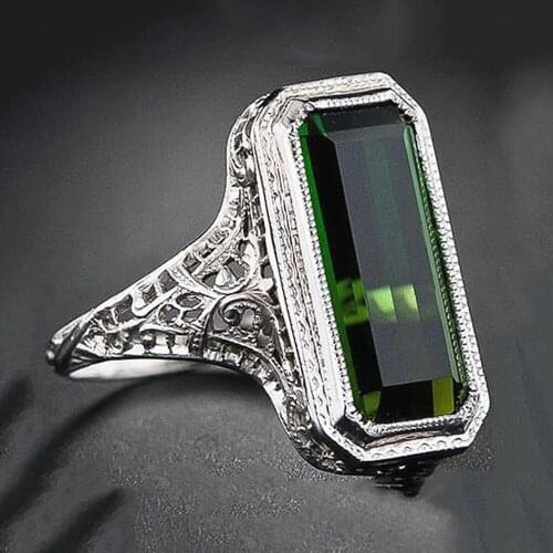 Vintage carving square green crystal emerald gemstones rings for women white gold silver color jewelry fashion party accessories