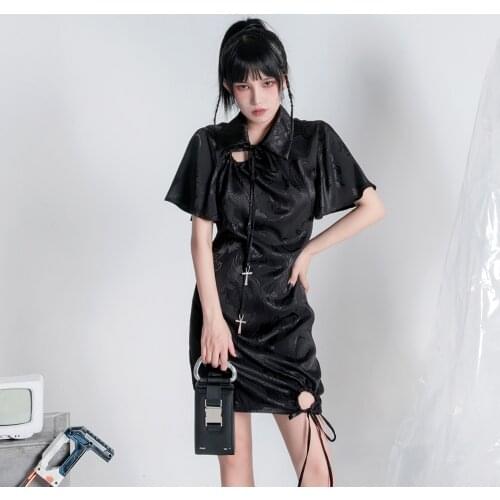 Japanese Harajuku Short Sleeve Turn-down Collar Cross Dragon Design Mini Dress Chic Cyberpunk Slim Hot Girls Punk Goth Dresses
