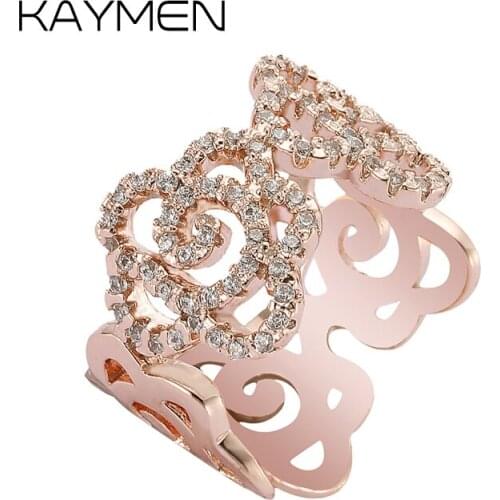 Fashion Gold Color Cubic Zirconia Engagement Rings for Women Girls, Luxury Female White Bridal Wedding Rings, Rose Shape Rings