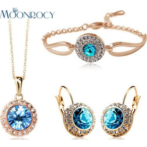 MOONROCY Rose Gold Color Free Shipping Fashion Crystal Necklace Earrings and Bracelet Jewelry set green blue purple for women