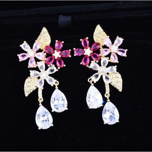 CIZEVA New Trendy 925 Sterling Silver Earrings for Women Elegant Flower Leaf Earrings Teardrop CZ Crystal Dangle Earrings Gift