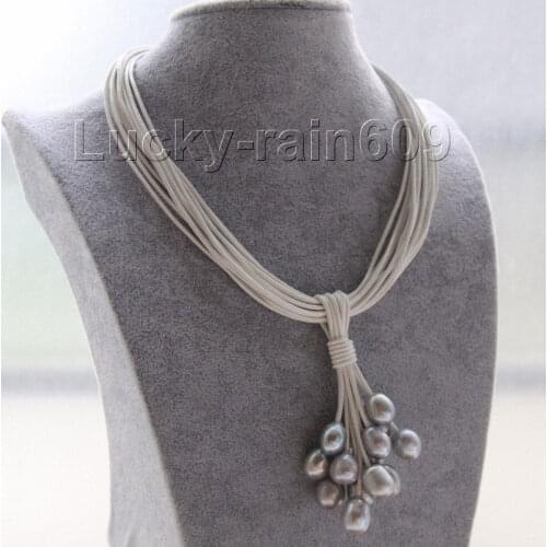 Choker 16" 15row 12mm gray pearls white leather Pendant necklace