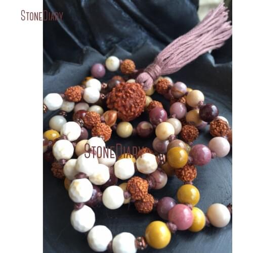 Layer Mix Stone Mookaite Howlite & Rudraksha 108 Mala Necklace Hand knotted Natural Stone Beads Meditation Yoga Necklace NM10968