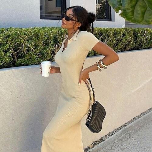 New Fashion Woman Dress Solid Color Short Sleeve Turn Down Collar V-neck Slim Bodycon Long Dresses Women Clothes