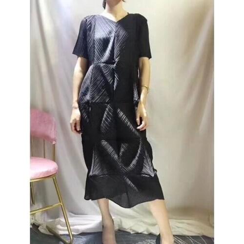 HOT SELLING Miyake fold v-neck soild dress with short sleeve office lady asymmetrical dress IN STOCK