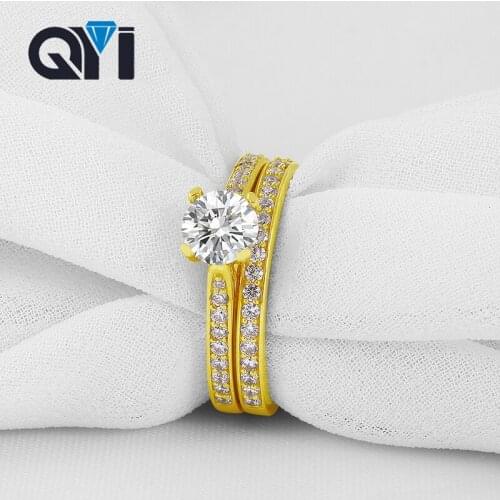 QYI Wedding Rings Sets 14K Solid Yellow Gold Round Cut 0.75 ct Sona Simulated Diamond Engagement Women Ring