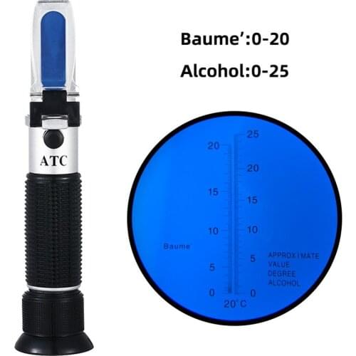 Hand Held 0-25% Wine Alcohol Refractometer 0-20 Baume Wine Alcoholometer (Double Scales）Adjustable Manual Focusing Aluminum