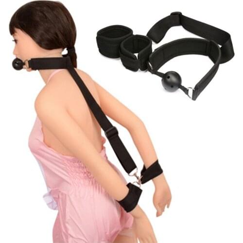 Sex Games BDSM Bondage Halter Neck Mouth Gag Ball Back Handcuffs Restraints Fetish Erotic Sex Toys for Women Cosplay Wrist Cuff