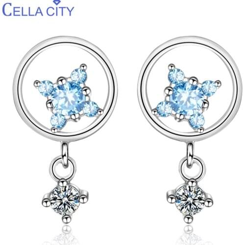 Cellacity Sweet Fresh Circle Silver 925 Jewelry Gemstones Earrings for Women Little Star Aquamarine Ear drops Students Dating