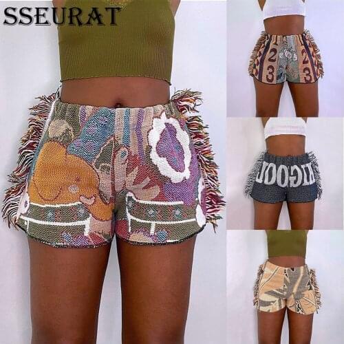 SSEURAT Summer Fashion Print Shorts Women Casual Stretchy Skinny Side Tassel Hipster Vintage Party Club Streetwear 2021 Hot