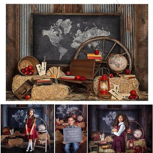 Back To School Theme Kids Birthday Photography Backdrops Children Portrait Classroom Blackboard World Map Background PhotoStudio