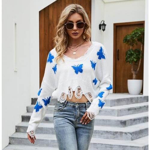 Women Long Sleeve V-Neck Sweater Crop Top Ripped Distressed Butterfly Pattern Casual Loose Knitted Pullover Jumper Shirt