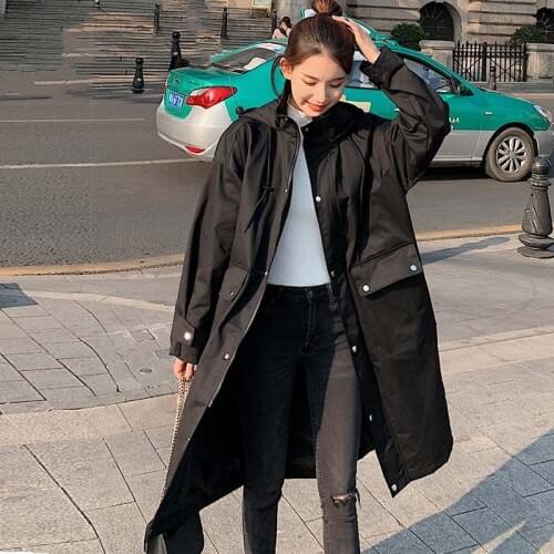 Long Windbreaker Jacket Female 2021 Spring Autumn Korean Straight Coat Plus Size Top With Big Pockets Hooded Outerwear Y1610